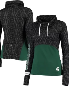 Women's Colosseum Black/Green Michigan State Spartans Scaled Cowl Neck Pullover Hoodie