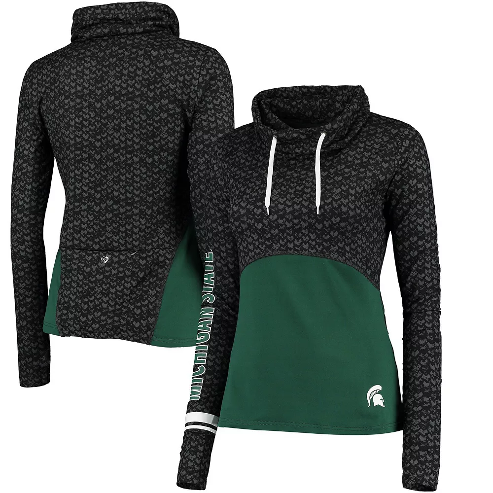 Women's Colosseum Black/Green Michigan State Spartans Scaled Cowl Neck Pullover Hoodie