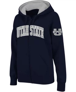 Women's Stadium Athletic Navy Utah State Aggies Arched Name Full-Zip Hoodie