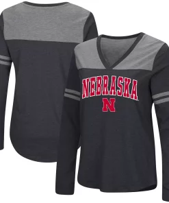 Women's Colosseum Black Nebraska Huskers Core Heritage Arch Logo V-Neck Long Sleeve T-Shirt