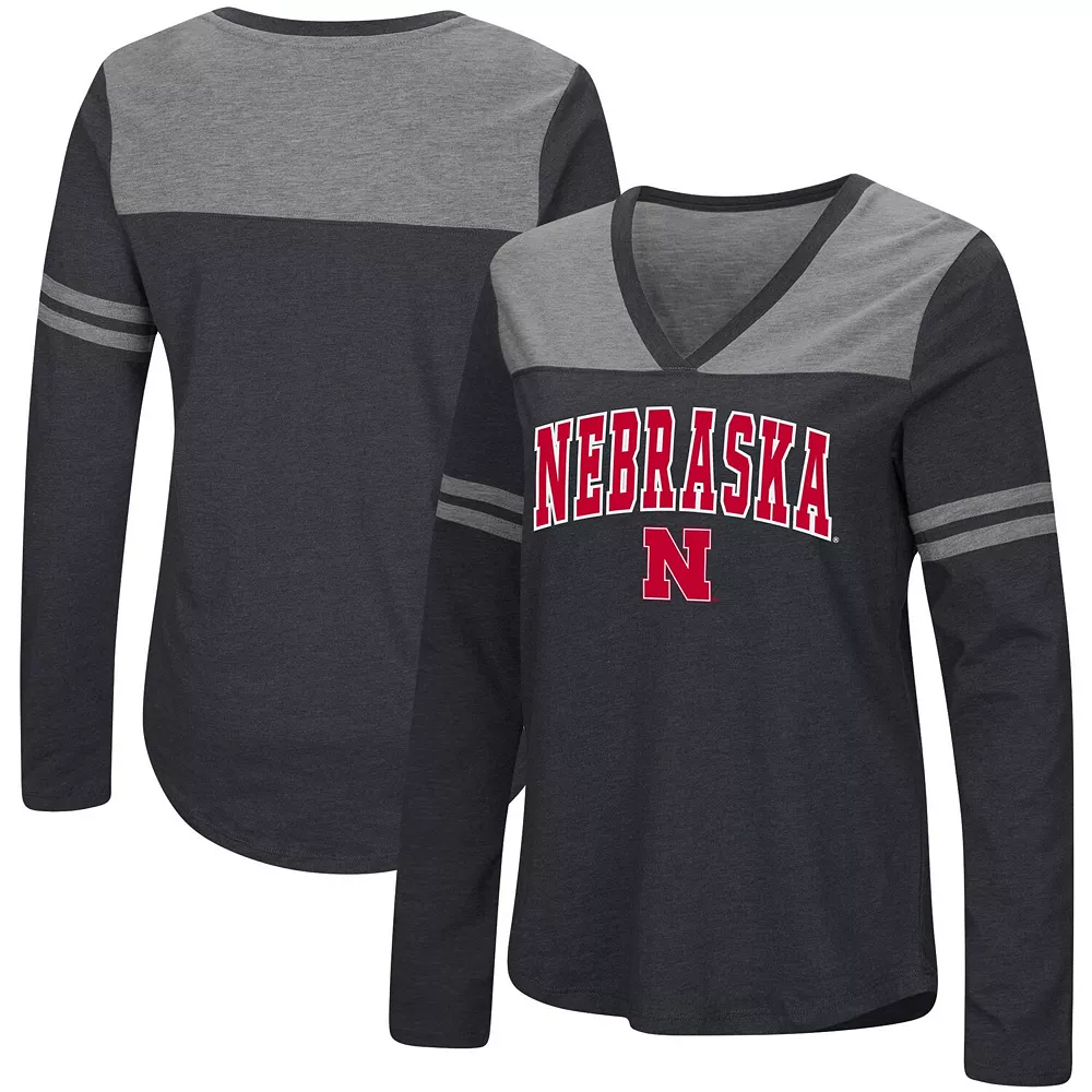 Women's Colosseum Black Nebraska Huskers Core Heritage Arch Logo V-Neck Long Sleeve T-Shirt