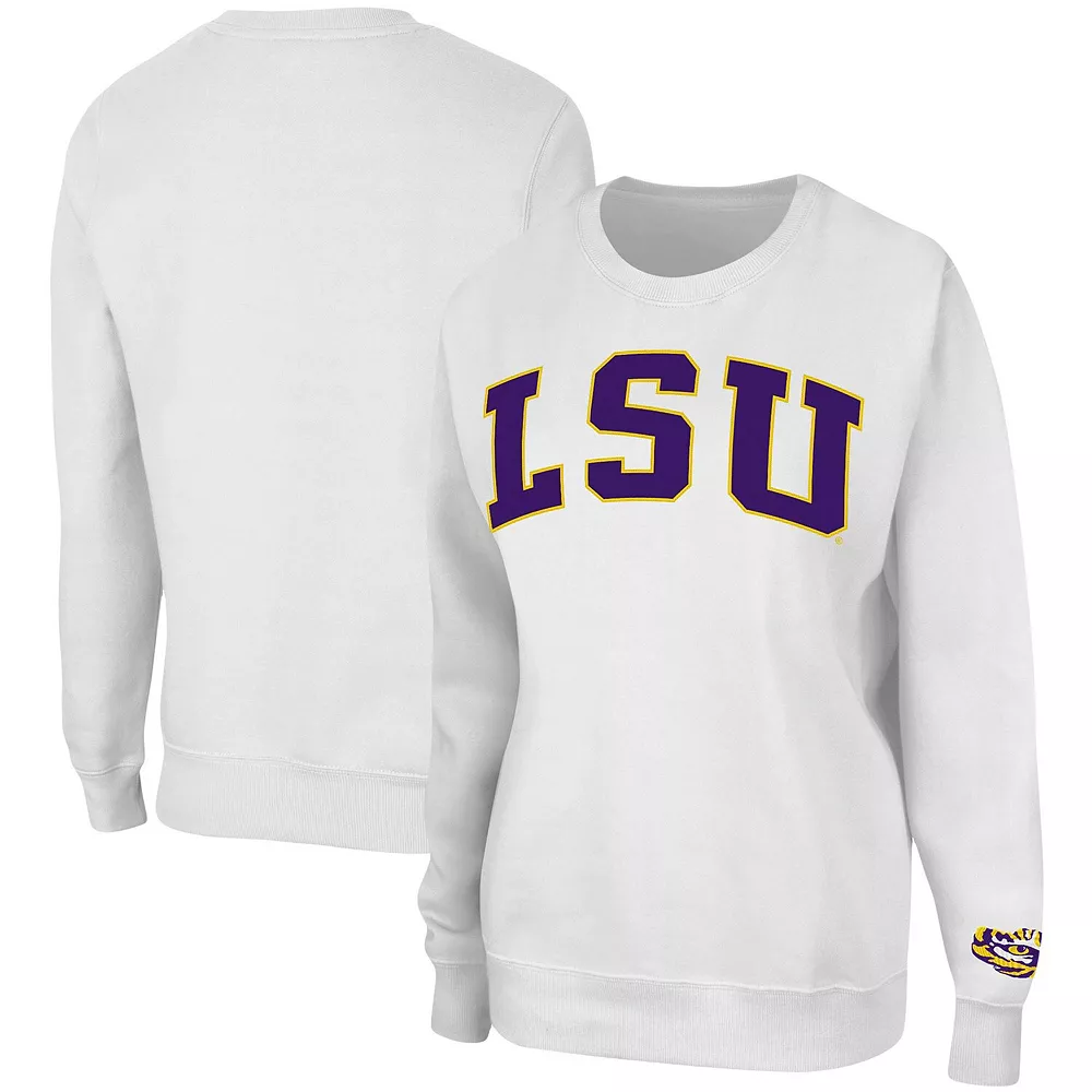 Women's Colosseum White LSU Tigers Campanile Pullover Sweatshirt - Image 2