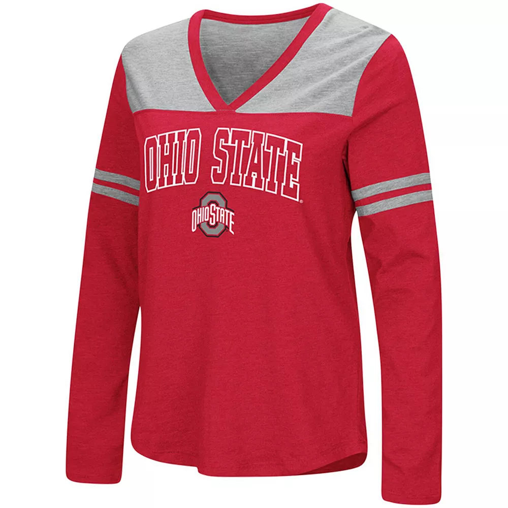 Women's Colosseum Heathered Scarlet Ohio State Buckeyes Dual Blend Logo Long Sleeve V-Neck T-Shirt - Image 3