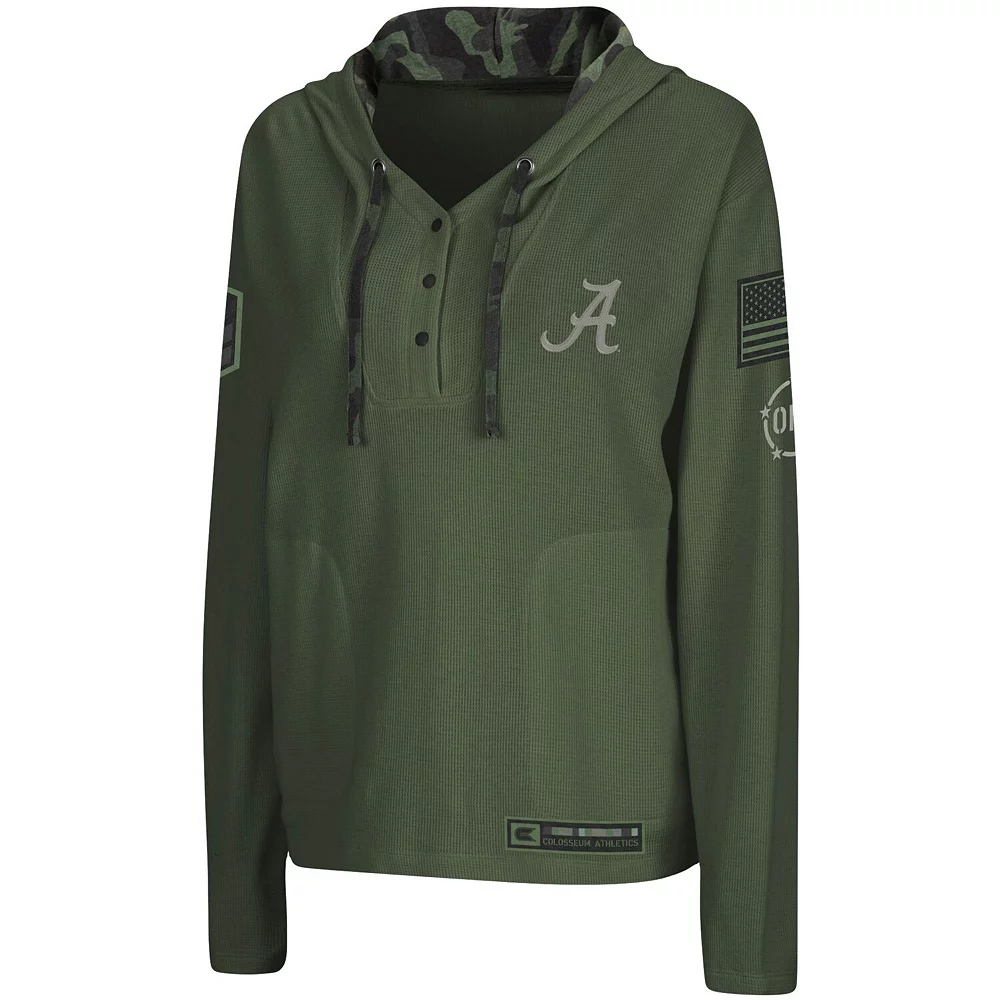 Women's Colosseum Olive Alabama Crimson Tide OHT Military Appreciation Thermal Henley V-Neck Pullover Hoodie - Image 3