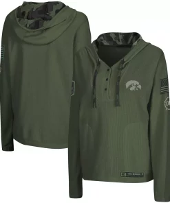 Women's Colosseum Olive Iowa Hawkeyes OHT Military Appreciation Thermal Henley V-Neck Pullover Hoodie
