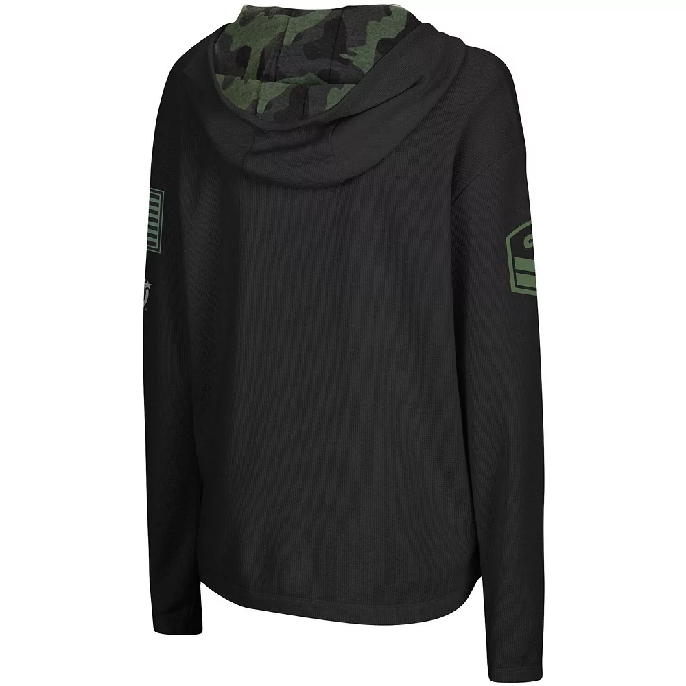 Women's Colosseum Black Nebraska Huskers OHT Military Appreciation Thermal Henley V-Neck Pullover Hoodie - Image 3