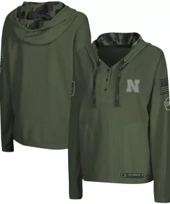 Women's Colosseum Olive Nebraska Huskers OHT Military Appreciation Thermal Henley V-Neck Pullover Hoodie