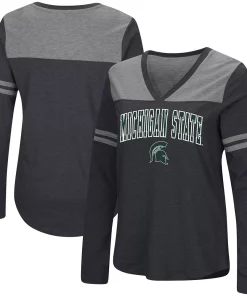 Women's Colosseum Black Michigan State Spartans Core Heritage Arch Logo V-Neck Long Sleeve T-Shirt