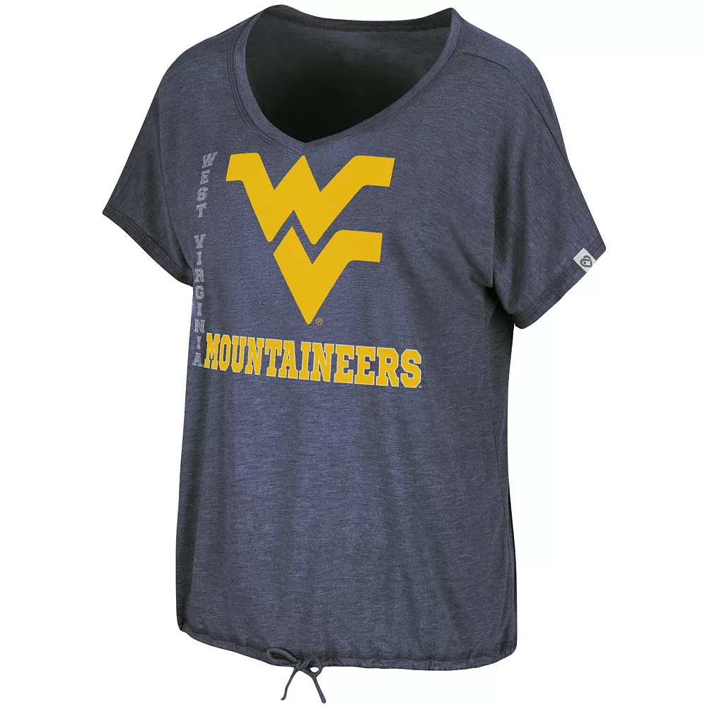 Women's Colosseum Heathered Navy West Virginia Mountaineers Fifth Sense Drawcord V-Neck T-Shirt - Image 2