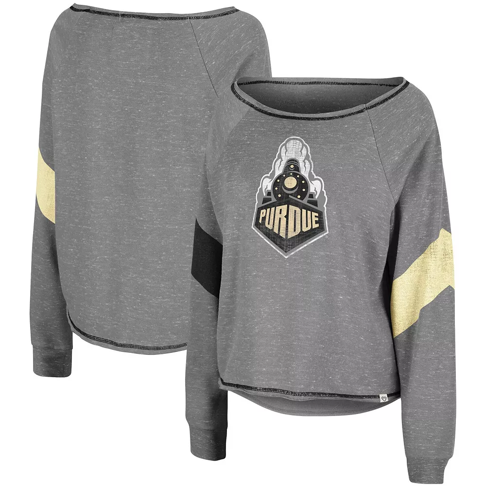 Women's Colosseum Heathered Gray Purdue Boilermakers Amped Chevron Stripe Raglan Boat Neck Pullover Sweatshirt