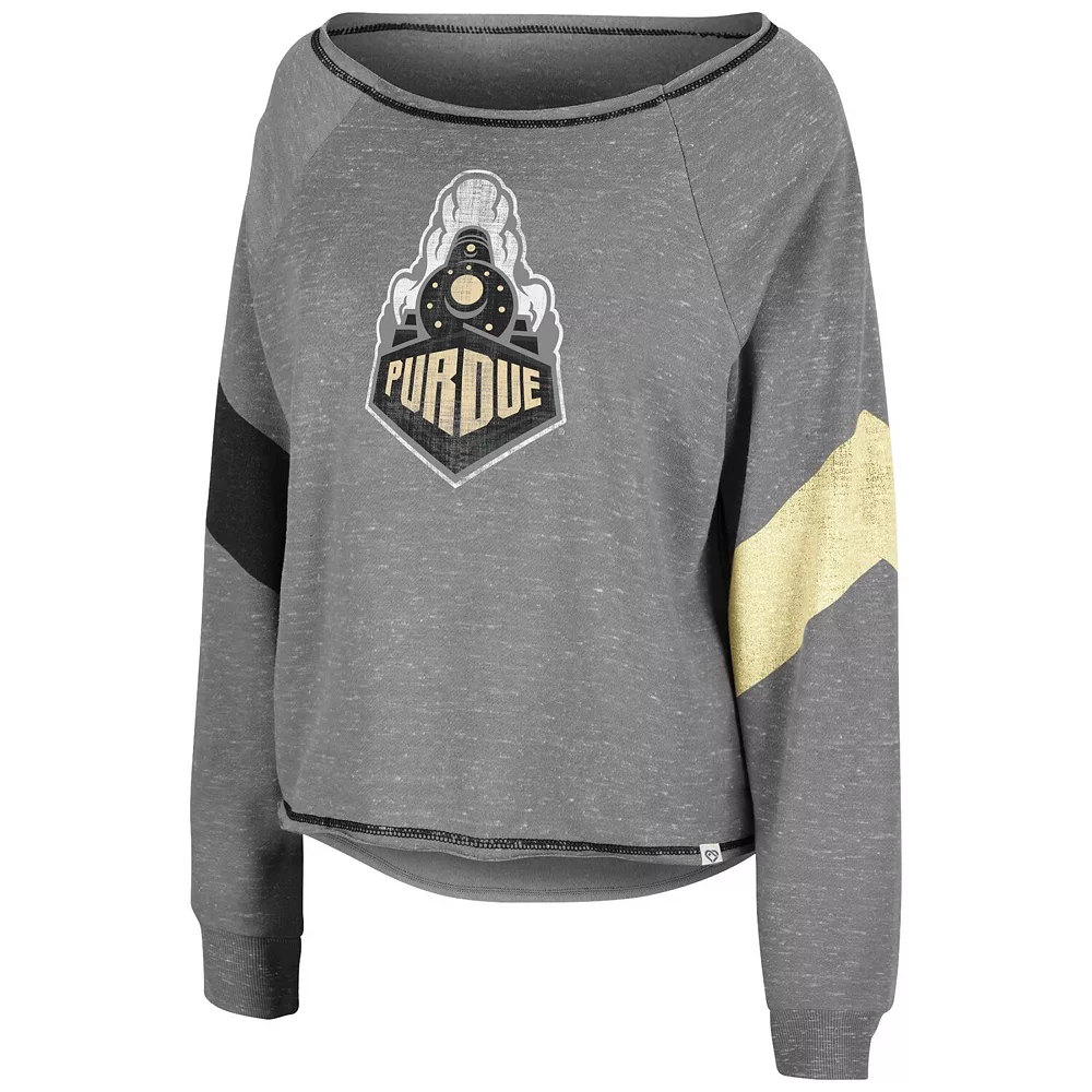 Women's Colosseum Heathered Gray Purdue Boilermakers Amped Chevron Stripe Raglan Boat Neck Pullover Sweatshirt - Image 3