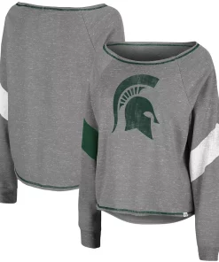 Women's Colosseum Heathered Gray Michigan State Spartans Amped Chevron Stripe Raglan Boat Neck Pullover Sweatshirt