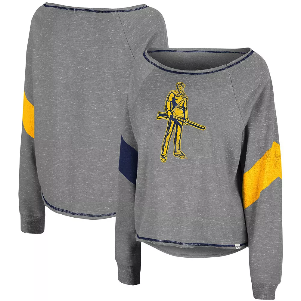 Women's Colosseum Heathered Gray West Virginia Mountaineers Amped Chevron Stripe Raglan Boat Neck Pullover Sweatshirt - Image 2