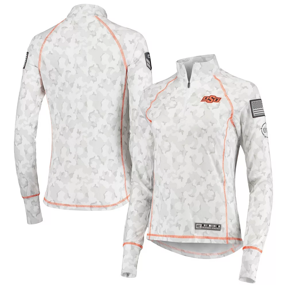 Women's Colosseum White Oklahoma State Cowboys OHT Military Appreciation Officer Arctic Camo 1/4-Zip Jacket