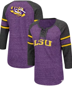Women's Colosseum Purple/Heathered Charcoal LSU Tigers Scienta Pasadena Raglan 3/4 Sleeve Space Dye Lace-Up T-Shirt