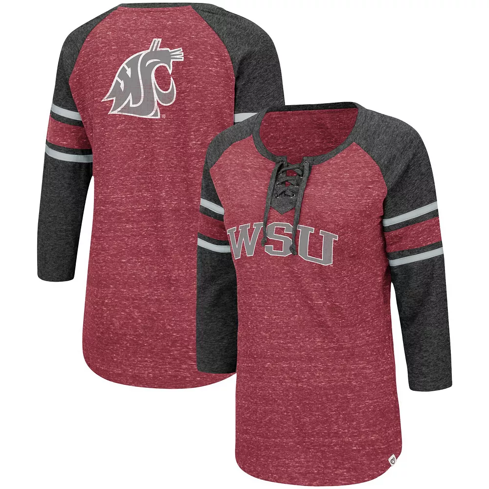 Women's Colosseum Crimson/Heathered Charcoal Washington State Cougars Scienta Pasadena Raglan 3/4 Sleeve Lace-Up T-Shirt - Image 2