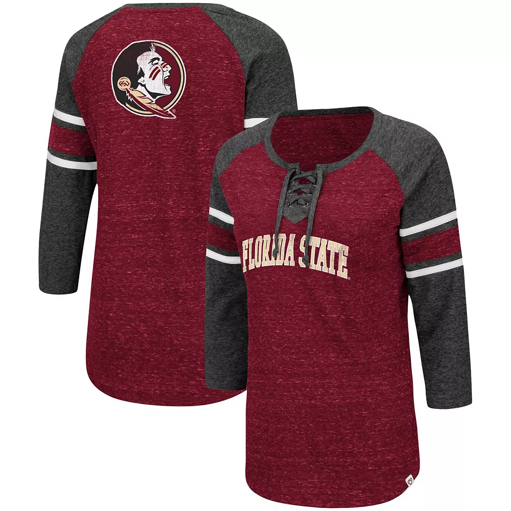 Women's Colosseum Garnet/Heathered Charcoal Florida State Seminoles Scienta Pasadena Raglan 3/4 Sleeve Space Dye Lace-Up T-Shirt