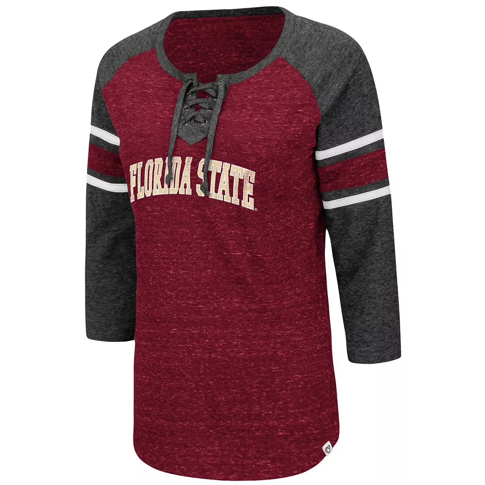 Women's Colosseum Garnet/Heathered Charcoal Florida State Seminoles Scienta Pasadena Raglan 3/4 Sleeve Space Dye Lace-Up T-Shirt - Image 3