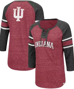 Women's Colosseum Crimson/Heathered Charcoal Arkansas Razorbacks Scienta Pasadena Raglan 3/4 Sleeve Lace-Up T-Shirt