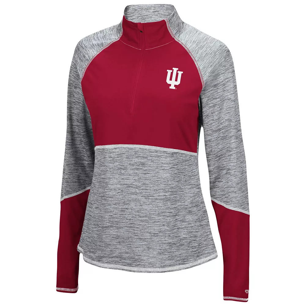 Women's Colosseum Heathered Gray/Crimson Indiana Hoosiers Color Block Space-Dye Raglan Quarter-Zip Top - Image 3