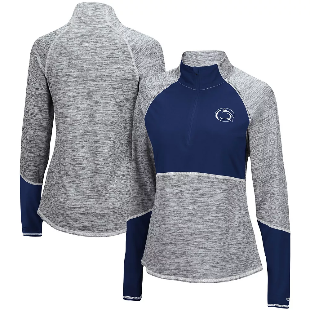 Women's Colosseum Heathered Gray/Navy Penn State Nittany Lions Color Block Space-Dye Raglan Quarter-Zip Top - Image 2