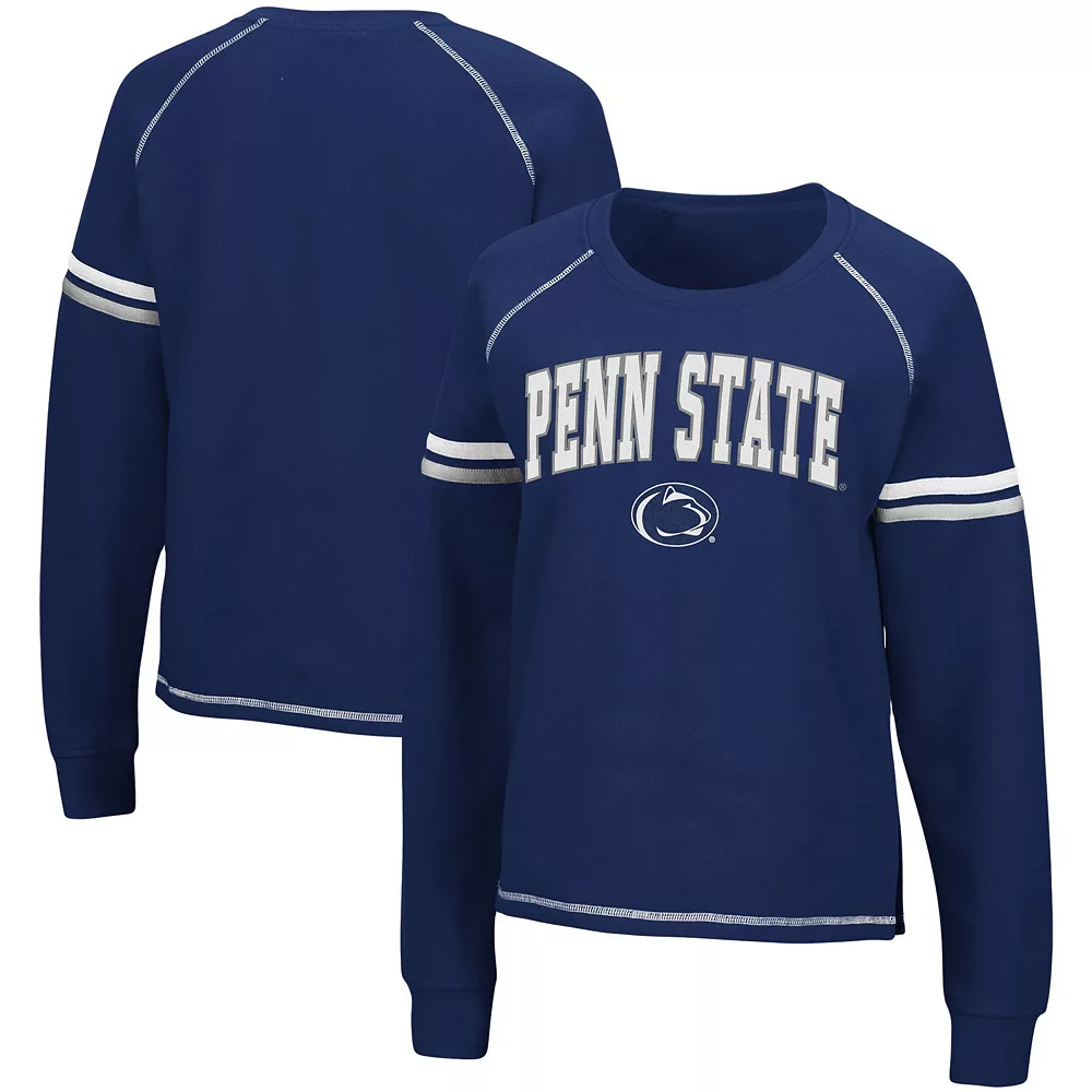 Women's Colosseum Navy Penn State Nittany Lions Sweep Pass Sleeve Stripe Raglan Pullover Sweatshirt - Image 2