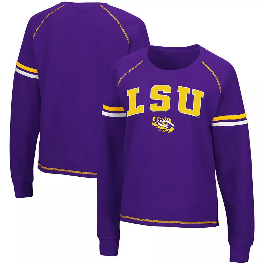Women's Colosseum Purple LSU Tigers Sweep Pass Sleeve Stripe Raglan Pullover Sweatshirt - Image 2