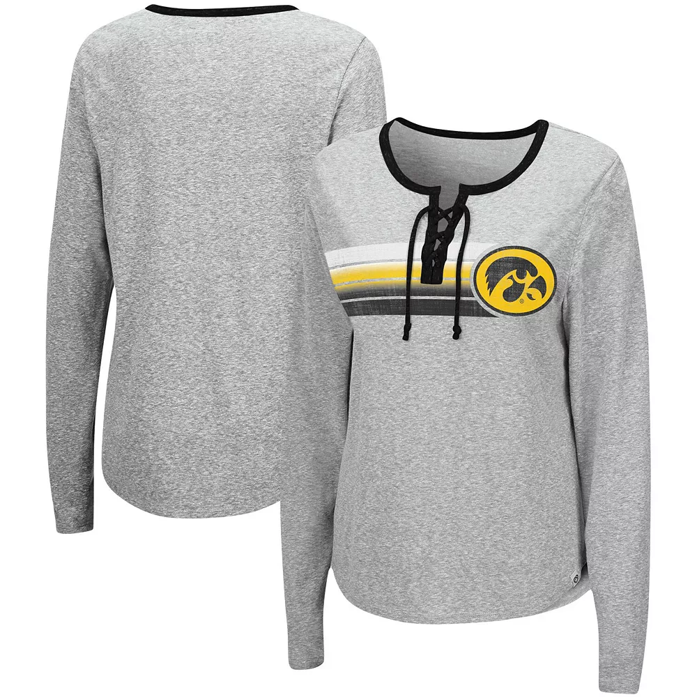 Women's Colosseum Heathered Gray Iowa Hawkeyes Sundial Tri-Blend Long Sleeve Lace-Up T-Shirt - Image 2