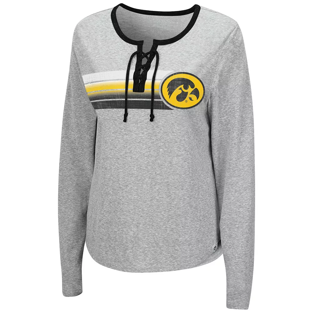 Women's Colosseum Heathered Gray Iowa Hawkeyes Sundial Tri-Blend Long Sleeve Lace-Up T-Shirt - Image 3