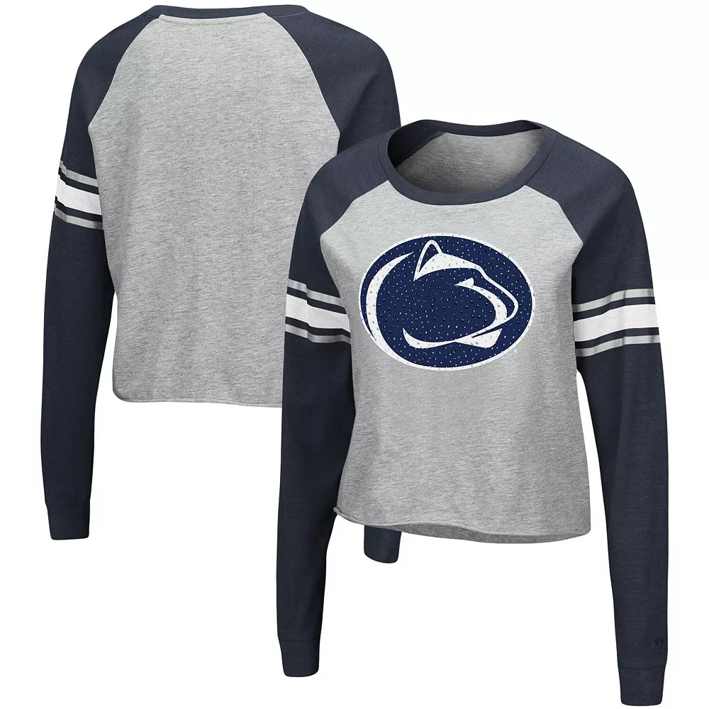 Women's Colosseum Heathered Gray/Navy Penn State Nittany Lions Decoder Pin Raglan Long Sleeve T-Shirt - Image 2