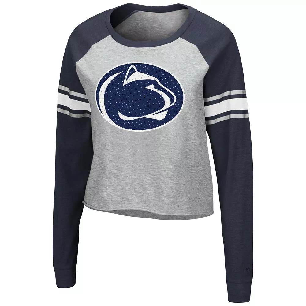 Women's Colosseum Heathered Gray/Navy Penn State Nittany Lions Decoder Pin Raglan Long Sleeve T-Shirt - Image 3