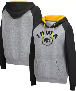 Women's Colosseum Heathered Gray Iowa Hawkeyes Contrast Raglan Pullover Hoodie