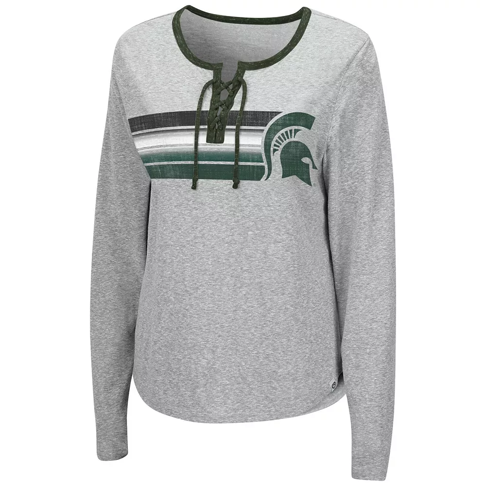 Women's Colosseum Heathered Gray Michigan State Spartans Sundial Tri-Blend Long Sleeve Lace-Up T-Shirt - Image 2