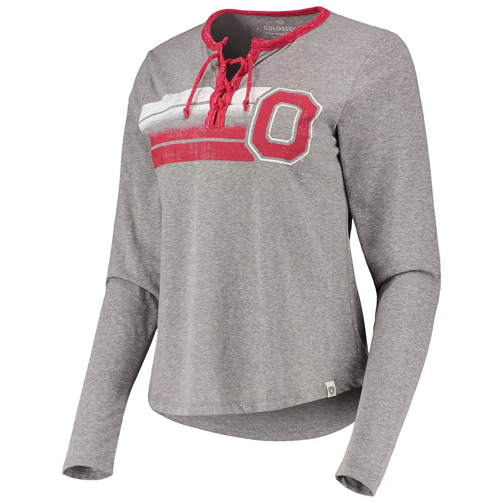 Women's Colosseum Heathered Gray Ohio State Buckeyes Sundial Tri-Blend Long Sleeve Lace-Up T-Shirt - Image 2
