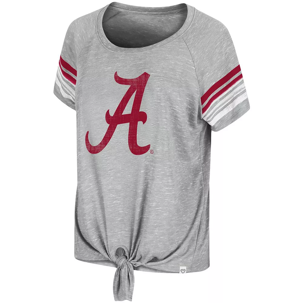 Women's Colosseum Heathered Gray Alabama Crimson Tide Boo You Knotted Raglan T-Shirt - Image 3