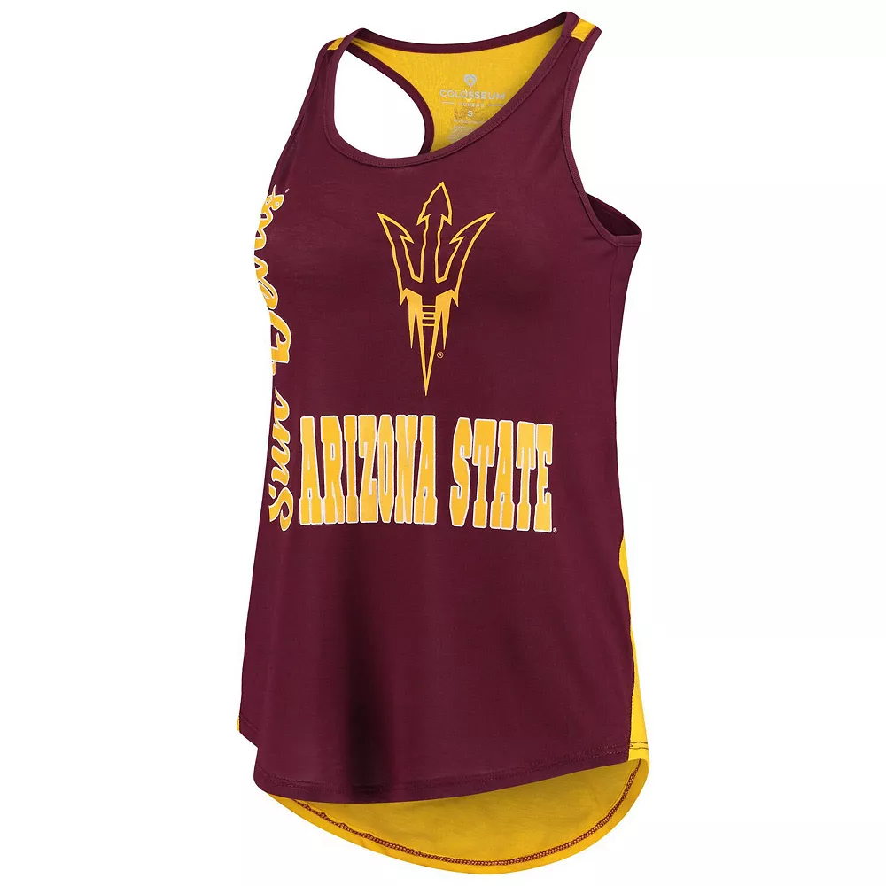 Women's Colosseum Maroon/Gold Arizona State Sun Devils George Glass 2-Hit Scoop Neck Racerback Tank Top - Image 3