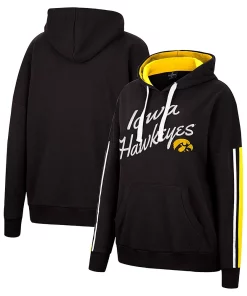 Women's Colosseum Black Iowa Hawkeyes Serena Oversized Sleeve Striping V-Neck Pullover Hoodie