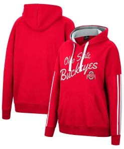 Women's Colosseum Scarlet Ohio State Buckeyes Serena Oversized Sleeve Striping V-Neck Pullover Hoodie