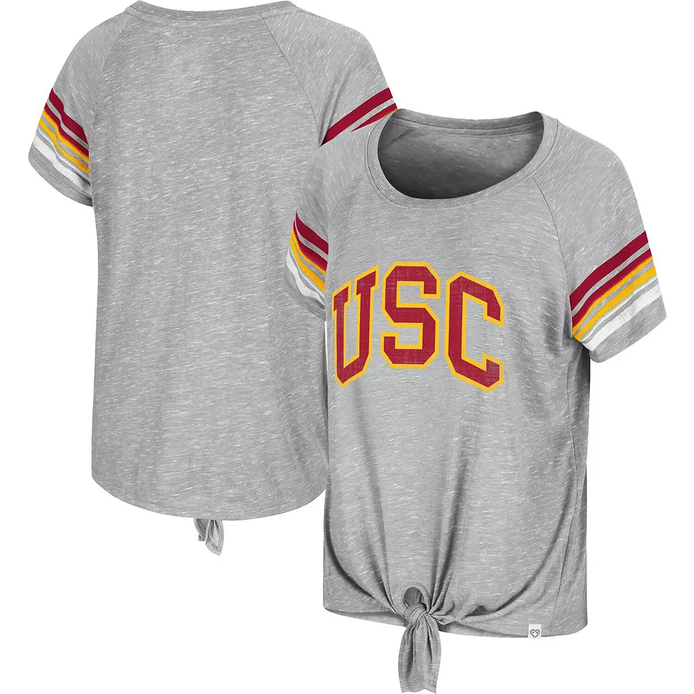 Women's Colosseum Heathered Gray USC Trojans Boo You Raglan Knotted T-Shirt - Image 2