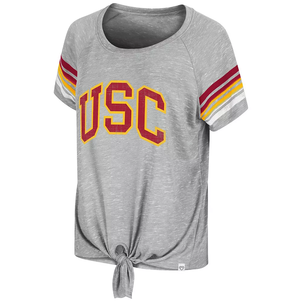 Women's Colosseum Heathered Gray USC Trojans Boo You Raglan Knotted T-Shirt - Image 3