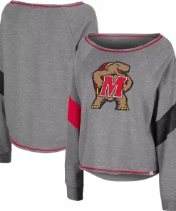 Women's Colosseum Heather Gray Maryland Terrapins Amped Chevron Stripe Raglan Boat Neck Pullover Sweatshirt
