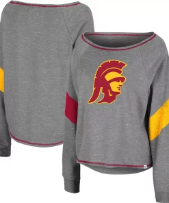 Women's Colosseum Heather Gray USC Trojans Amped Chevron Stripe Raglan Boat Neck Pullover Sweatshirt