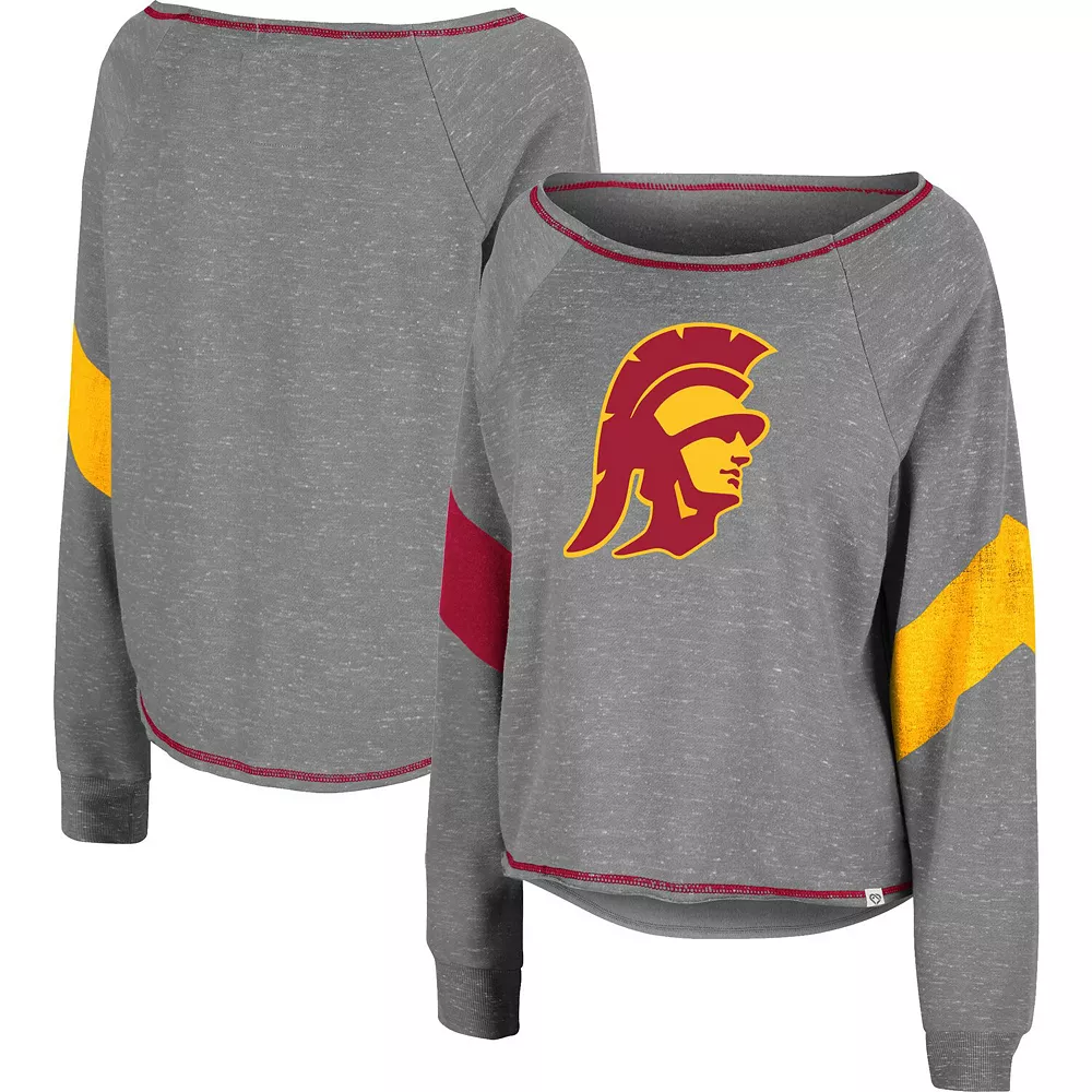 Women's Colosseum Heather Gray USC Trojans Amped Chevron Stripe Raglan Boat Neck Pullover Sweatshirt