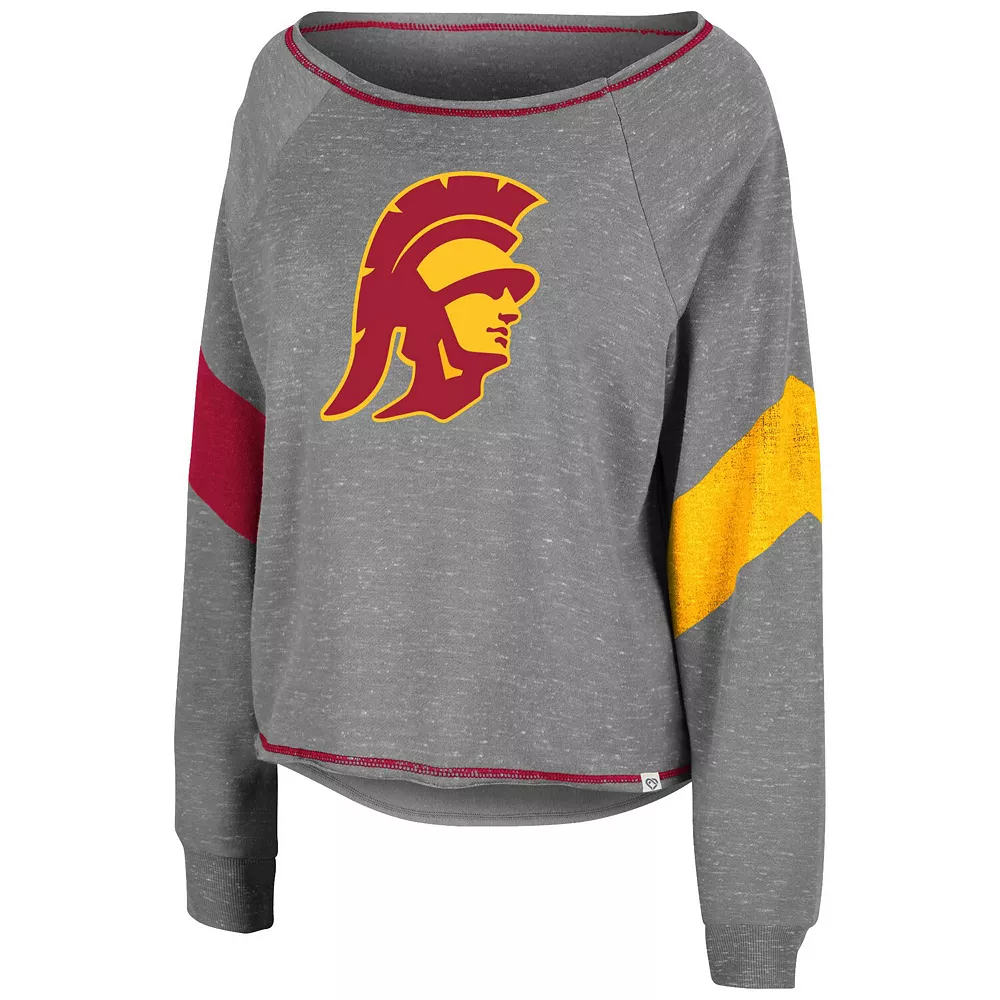 Women's Colosseum Heather Gray USC Trojans Amped Chevron Stripe Raglan Boat Neck Pullover Sweatshirt - Image 3