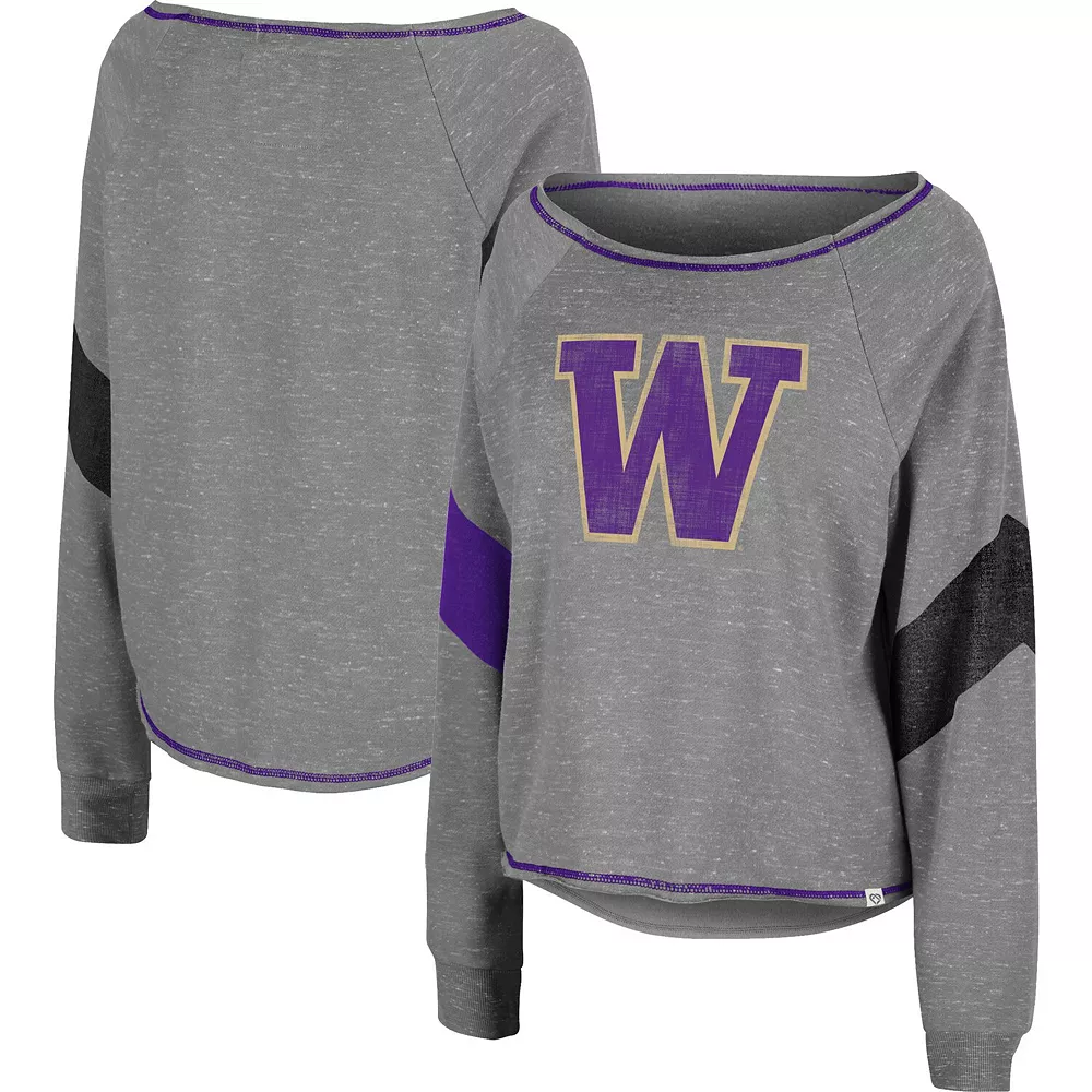 Women's Colosseum Heather Gray Washington Huskies Amped Chevron Stripe Raglan Boat Neck Pullover Sweatshirt