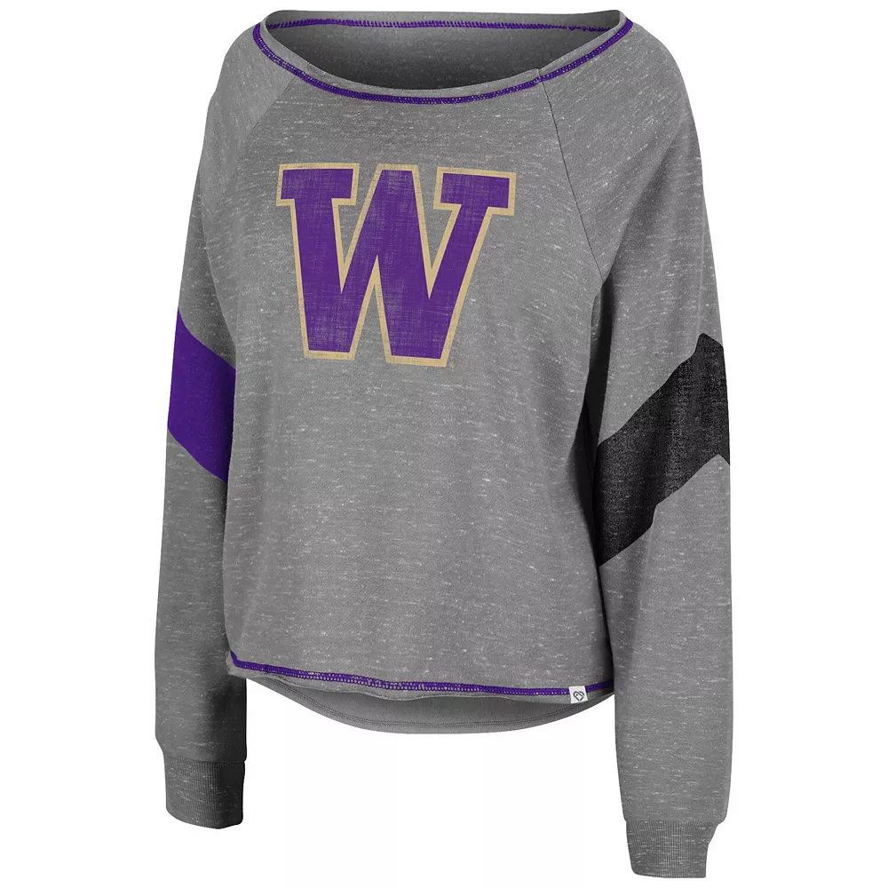 Women's Colosseum Heather Gray Washington Huskies Amped Chevron Stripe Raglan Boat Neck Pullover Sweatshirt - Image 3