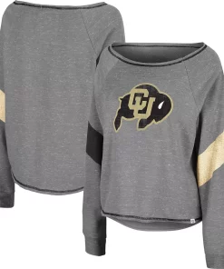 Women's Colosseum Heather Gray Colorado Buffaloes Amped Chevron Stripe Raglan Boat Neck Pullover Sweatshirt
