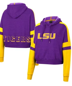 Women's Colosseum Purple LSU Tigers Throwback Stripe Arch Logo Cropped Pullover Hoodie