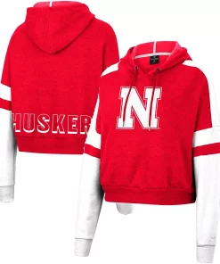 Women's Colosseum Scarlet Nebraska Huskers Throwback Stripe Arch Logo Cropped Pullover Hoodie