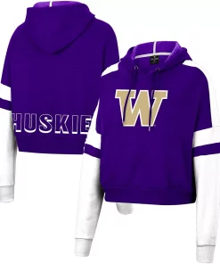 Women's Colosseum Purple Washington Huskies Throwback Stripe Arch Logo Cropped Pullover Hoodie